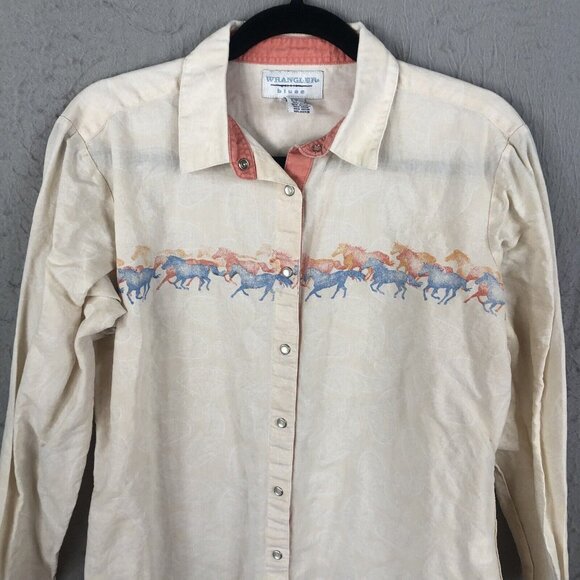 Wrangler Blues Top Womens Large Yellow Running Horses Pearl Snaps Cowboy Core - Picture 2 of 16